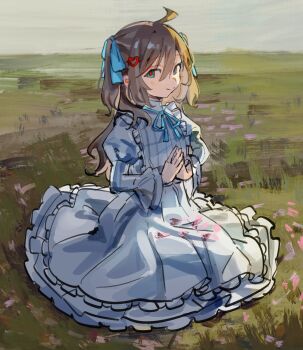 1girl ahoge ame0 blue_eyes blue_neckerchief blue_ribbon brown_hair closed_mouth day dress from_side full_body grass hair_between_eyes hair_ornament hair_ribbon hashtag-only_commentary heart heart_hair_ornament highres long_dress long_hair long_sleeves looking_at_viewer neckerchief neuro-sama outdoors puffy_long_sleeves puffy_sleeves ribbon smile solo vedal_ai virtual_youtuber white_dress