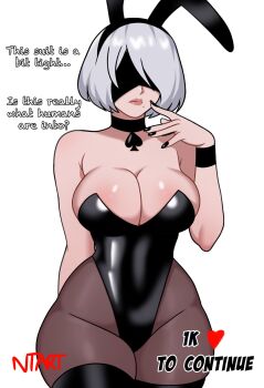 1girl 2b_(nier:automata) alternate_costume animal_ears armpit_crease artist_name bare_shoulders black_boots black_choker black_leotard black_nails black_wrist_cuffs blindfold boots breasts brown_pantyhose choker closed_mouth cowboy_shot english_text fake_animal_ears grey_hair hand_up highleg highleg_leotard highres large_breasts leotard lips medium_hair mole mole_under_mouth naughty_taboos nier:automata nier_(series) pantyhose playboy_bunny queen_of_spades_symbol rabbit_ears shadow signature solo spade_(shape) strapless strapless_leotard thick_thighs thigh_boots thighs twitter_strip_game undersized_breast_cup wrist_cuffs