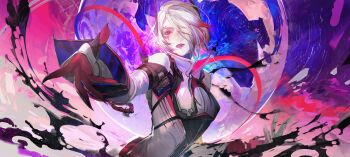 1girl absurdres apex_legends blood_moon_catalyst cable catalyst_(apex_legends) cloud colored_tips gloves hair_over_one_eye head_tilt highres jacket kurikabacha liquid long_sleeves multicolored_hair official_alternate_costume parted_lips red_eyes red_gloves red_hair sky sleeves_past_wrists solo white_hair white_jacket