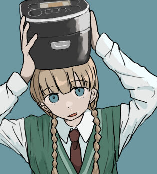 1girl air_fryer blue_background blue_eyes braid collared_shirt hair_over_shoulder long_hair long_sleeves looking_at_viewer necktie open_mouth original shirt simple_background smile solo sweater_vest twin_braids umi_ha_kirai upper_body vest white_shirt