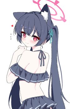 1girl animal_ear_fluff animal_ears bare_shoulders bikini black_bikini blue_archive blush cat_ears extra_ears frilled_bikini frills halo highres lmg7811 long_hair looking_at_viewer looking_back off-shoulder_bikini off_shoulder official_alternate_costume pink_halo red_halo serika_(blue_archive) serika_(swimsuit)_(blue_archive) smile solo swimsuit twintails