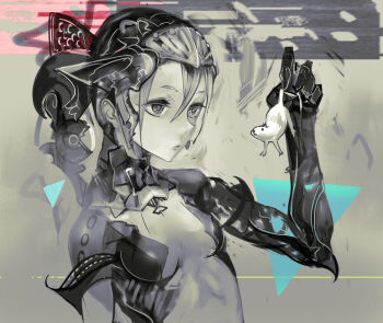 Rule 34 | 1girl, animal, black eyes, breasts, female focus, gradient background, lips, monochrome, mouse (animal), original, small breasts, solo, upper body, uturo