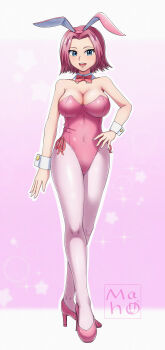 :d absurdres animal_ear_hairband animal_ears bow bowtie breasts code_geass commentary_request commission covered_navel detached_collar fake_animal_ears full_body hairband hand_on_own_hip highleg highleg_leotard highres kouzuki_kallen leotard maho_(corotonton5150) medium_breasts official_alternate_costume open_mouth pantyhose pink_leotard playboy_bunny rabbit_ear_hairband rabbit_ears red_hair short_hair signature skeb_commission smile solo strapless strapless_leotard traditional_bowtie white_wrist_cuffs wrist_cuffs