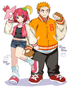 1boy 1girl absurdres black_pants black_shirt blonde_hair blunt_bangs bob_cut boom_boom brown_gloves crop_top cropped_jacket denim denim_shorts fang fingerless_gloves full_body gloves highres humanization jacket leg_warmers letterman_jacket looking_ahead lzesmelt mario_(series) multicolored_hair multicolored_jacket nintendo orange_hair orange_jacket pants pink_hair pink_jacket pink_shoes pom_pom_(mario) red_shoes shirt shoes short_hair shorts shuriken side_ponytail smile sneakers two-tone_hair two-tone_jacket weapon white_jacket white_leg_warmers