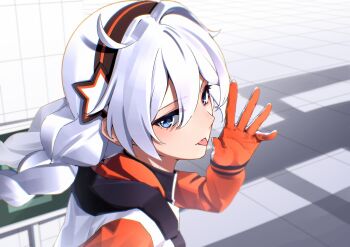 1girl :p absurdres black_hairband blue_eyes braid chromatic_aberration commentary_request from_side hairband hand_up highres honkai_(series) honkai_impact_3rd hood hood_down hooded_jacket jacket kiana_kaslana kiana_kaslana_(white_comet) korean_commentary long_hair looking_at_viewer looking_to_the_side multicolored_jacket pyeong_il scene_reference solo tongue tongue_out white_hair