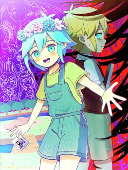 Rule 34 | 2boys, alternate color, antenna hair, aubrey (headspace) (omori), aubrey (omori), basil (headspace) (omori), basil (omori), black sweater vest, blonde hair, blue eyes, blue overalls, blush, book, brown shorts, commentary, double-parted bangs, dual persona, english commentary, flower, flower wreath, green eyes, green hair, hair between eyes, head wreath, hero (headspace) (omori), hero (omori), highres, holding, holding book, holding photo, kel (headspace) (omori), kel (omori), looking at viewer, male focus, mari (headspace) (omori), mari (omori), multiple boys, nene man, omori, omori (omori), open mouth, overall shorts, overalls, photo (object), shirt, short sleeves, shorts, sidelocks, smile, something (omori), sweater vest, t-shirt, teeth, tongue, upper teeth only, white shirt