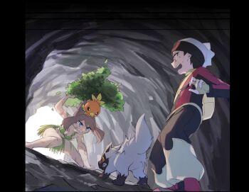 1boy 1girl angry armpit_crease baggy_pants barefoot bikini bite_mark black_hair blue_eyes bodypaint brendan_(pokemon) brown_hair cave_interior clenched_teeth collarbone eyelashes fangs feet fighting_stance flat_chest full_body gen_3_pokemon grass_skirt knees leaf_bikini legs looking_at_another may_(pokemon) medium_hair midriff navel neck nintendo no_bra no_panties official_alternate_costume on_head open_mouth ouri_(aya_pine) outstretched_arms pants pokemon pokemon_(creature) pokemon_adventures pokemon_on_head poochyena red_eyes revealing_clothes scene_reference scratches shoes short_hair sidelocks sneakers spread_legs standing surprised sweatdrop swept_bangs swimsuit teeth thighs toenails toes tomboy topknot torchic v-shaped_eyebrows
