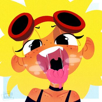 ahegao black_shirt blonde_hair blush breath close-up collar collarbone colored_eyelashes drooling fanged_bangs flat_color freckles gz_cami05 head_tilt heavy_breathing highres looking_at_viewer melting no_lineart plants_vs._zombies plants_vs._zombies_heroes portrait red_goggles saliva sharp_teeth shirt simple_background solar_flare_(plants_vs._zombies)_(peargor) spiked_hair tan teeth thick_eyelashes tongue tongue_out upper_teeth_only uvula white_background