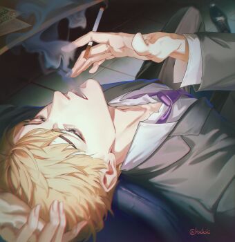 1boy between_fingers blonde_hair blowing_smoke brown_eyes chair cigarette collared_shirt commentary english_commentary formal_clothes grey_suit haekchi highres holding holding_cigarette male_focus mismatched_eyebrows mob_psycho_100 necktie office_chair on_chair purple_necktie reigen_arataka shirt short_hair sitting smoke solo suit swivel_chair twitter_username white_shirt