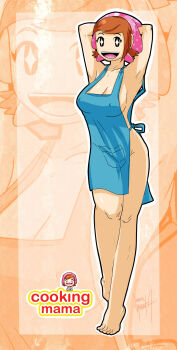 +_+ 1girl apron armpits arms_behind_head arms_up barefoot blue_apron breasts brown_hair cooking_mama covered_erect_nipples curvy female_focus headscarf highres jeremy_mendoza large_breasts mama_(cooking_mama) mature_female naked_apron no_bra no_panties open_mouth orange_background short_hair sideboob smile standing standing_on_one_leg symbol-shaped_pupils thighs