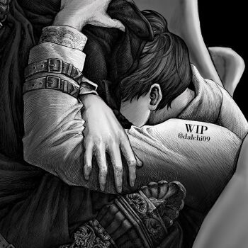 Rule 34 | 2boys, arm belt, black coat, black hair, coat, dalchi09, greyscale, hand on another's arm, hashtag-only commentary, highres, hug, kim dokja, male focus, monochrome, multiple boys, omniscient reader's viewpoint, open clothes, open coat, short hair, unfinished, yaoi, yoo joonghyuk