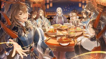 3girls 5boys :d ^_^ abalone absurdres animal animal_on_shoulder animal_print aqua_coat aqua_hanfu architecture bare_shoulders basket bird_print black_coat black_hair black_hanfu black_robe black_sash black_shirt blue_hanfu blue_robe bow-shaped_hair bowl brown_hair building chair changmingsuo chinese_clothes chinese_commentary chinese_food chopstick_rest chopsticks closed_eyes closed_mouth coat collarbone cooking_pot crossed_arms crossed_bangs cup curtained_hair daxiushan detached_sleeves dress earrings east_asian_architecture eating facial_mark feast feet_out_of_frame ferret fish_(food) flower folded_napkin food food_art forehead_jewel fur-trimmed_coat fur_trim green_eyes hair_between_eyes hair_bun hair_flower hair_ornament hair_stick half_updo hanfu head_on_hands head_rest high_ponytail highres holding holding_chopsticks holding_cup hua_yi_shanxin_zhiyue jewelry ji_yuanqi lantern lazy_susan light_blush light_particles light_smile ling_yan_ru long_hair long_sleeves looking_at_another looking_at_viewer looking_back mandarin_collar meat medium_hair mole mole_under_eye monocle multiple_boys multiple_girls night off-shoulder_dress off_shoulder offering_hand open_clothes open_coat open_mouth orange_eyes paper_lantern parted_bangs parted_lips pearl_earrings peony_(flower) pink_flower pink_hanfu plate ponytail profile purple_eyes purple_hanfu purple_robe qixiong_ruqun railing red_lips red_ribbon ribbon robe sash see-through_cleavage see-through_clothes shirt shrimp sidelocks_tied_back single_hair_bun sitting sky_lantern smile soup spoon squirrel_fish standing swept_bangs table talking tassel teapot tiny_(0v0) upper_body v-shaped_eyebrows very_long_hair waist_sash wei_yang wen_siyu white_hair white_hanfu white_robe white_shirt wide_sleeves xiao_guan_(headdress) xuan_wangjun yellow_eyes yu_ze yuanlingpao yue_lian zhao_yang