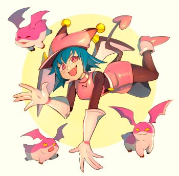Rule 34 | 1girl, black bodysuit, blue hair, bodysuit, digimon, mp3 player, gloves, hat, head wings, highres, medium hair, navimon (digimon), nui (nuitt), patamon, pink hat, pink skirt, skirt, solo focus, tsukaimon, white gloves, wings