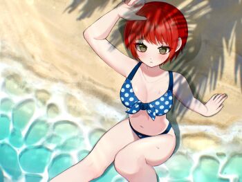 1girl beach bikini blue_bikini blush breasts cleavage danganronpa_(series) danganronpa_2:_goodbye_despair dot_nose freckles green_eyes hand_on_ground hand_up highres koizumi_mahiru kun_(oxx_kn_xxo) midriff ocean open_mouth pale_skin polka_dot polka_dot_swimsuit red_hair sand shadow short_hair sunlight swimsuit thighs waves
