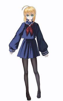1girl absurdres ahoge aqua_eyes artoria_pendragon_(fate) black_pantyhose blonde_hair blue_bow blue_serafuku blue_shirt blue_skirt blush bow brown_shoes commentary_request fate/stay_night fate_(series) full_body hair_between_eyes hair_bow highres huge_ahoge long_sleeves looking_at_viewer muryo_55555 neckerchief pantyhose pleated_skirt puffy_long_sleeves puffy_sleeves red_neckerchief saber_(fate) sailor_collar school_uniform serafuku shirt shoes short_hair sidelocks simple_background skirt solo standing teeth white_background