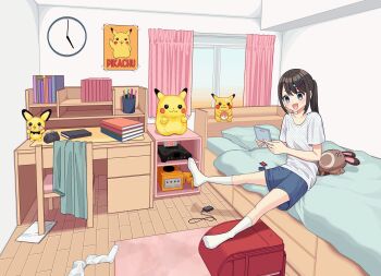 1girl absurdres analog_clock backpack bag bedroom blue_eyes blue_shorts blush book book_stack brown_hair chair clock coin_purse collarbone curtains desk english_text game_cartridge game_console gamecube gen_1_pokemon gen_2_pokemon hair_ornament hairclip handheld_game_console highres indoors kirby medium_hair momeox2 nintendo nintendo_64 nintendo_ds on_bed open_mouth original pencil pikachu playing_games pokemon poster_(object) randoseru rug sentret shirt shorts sitting smile socks solo stuffed_animal stuffed_toy t-shirt v-shaped_eyebrows wall_clock white_socks window wooden_floor