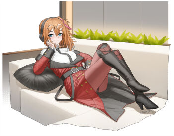 1girl absurdres arm_support black_necktie black_panties blue_eyes blush boots breasts buttons cheogtanbyeong clothes_pull coat commentary_request couch crossed_legs double-breasted eyewear_on_head full_body girls'_frontline griffin_&amp;_kryuger_military_uniform hair_between_eyes hair_ribbon halterneck hand_on_own_cheek hand_on_own_face head_rest headphones highres indoors jacket jacket_pull kalina_(girls'_frontline) knee_boots knees_up lying medium_breasts medium_hair necktie on_back on_couch orange_hair panties panties_under_pantyhose pantyhose pink_ribbon red_coat ribbon shirt side_ponytail sitting smile smug solo thighs underwear white_shirt