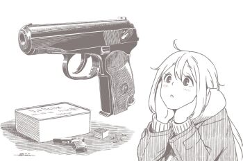 Rule 34 | 1girl, brown theme, bullet, character request, coat, cyrillic, dated, daydream, female focus, gun, handgun, horikou, kagamihara nadeshiko, long hair, long sleeves, makarov pm, monochrome, parted lips, pistol, pocket pistol, real life, russian text, scarf, signature, simple background, solo, soviet, translation request, weapon, white background, yurucamp