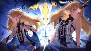 2girls absurdres adriano121920 bare_shoulders black_dress blonde_hair breasts cartethyia_(wuthering_waves) commentary crown_of_thorns dress dual_persona earrings english_commentary fleur-de-lis fleurdelys_(wuthering_waves) floating_earrings highres horns imperator_(wuthering_waves) jewelry large_breasts long_hair long_horns multiple_earrings multiple_girls necklace pointy_ears single_horn small_breasts sword tabard tacet_mark_(wuthering_waves) weapon white_tabard wuthering_waves yellow_horns