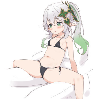 1girl absurdres bikini black_bikini breasts genshin_impact green_eyes green_hair highres loli long_hair miso_(misomiso_154) multicolored_hair nahida_(genshin_impact) navel pointy_ears side-tie_bikini_bottom side_ponytail small_breasts solo spread_legs swimsuit