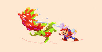 1boy absurdres big_nose blue_eyes blue_overalls brown_hair brown_shoes commentary dress_shoes english_commentary f.l.u.d.d. facial_hair falling fighting firing gloves gold_buttons hat highres jason_lupas leaning_forward mario mario_(series) mustache newsboy_cap nintendo orange_background overalls petey_piranha red_hat red_shirt robot shadow shirt shoes short_hair simple_background super_mario_sunshine t-shirt water white_gloves