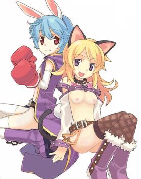 10s 2girls animal_ears belt blonde_hair blue_hair boots boxing_gloves breasts bunny_(trickster) cat_(trickster) cat_ears cat_tail cross gloves medium_breasts multiple_girls nipples nude nude_filter purple_eyes rabbit_ears rabbit_tail red_eyes tail thighhighs third-party_edit trickster_(ntreev_soft)