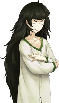 Rule 34 | 1girl, blunt bangs, button dress, closed eyes, collar, collarbone, crossed arms, dress, facing viewer, fingernails, flat chest, game cg, green collar, green hair, green trim, hiyajou maho, huke, large variant set, long hair, messy hair, official art, open mouth, pensive, science adventure, smile, solo, sprite, steins;gate, steins;gate 0, transparent background, variant set, very long hair, white dress