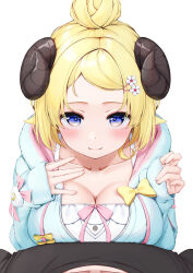 Rule 34 | 1boy, 1girl, animal ears, black horns, black shirt, blonde hair, blue eyes, blue jacket, blush, bow, bow camisole, breast press, breasts, camisole, cleavage, closed mouth, collarbone, commentary request, curled horns, hair bun, hair ornament, hairclip, highres, hololive, hood, hood down, hooded jacket, horns, jacket, large breasts, looking at viewer, mixed-language commentary, nyan (reinyan 007), official alternate costume, official alternate hairstyle, paid reward available, pink bow, pov, sheep ears, sheep horns, shirt, single hair bun, sleeves past wrists, smile, swept bangs, tsunomaki watame, tsunomaki watame (loungewear), virtual youtuber, white camisole, yellow bow