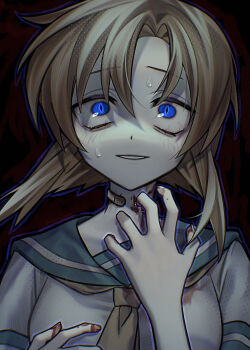 1girl absurdres bandaid black_background bleeding blood blood_on_clothes blood_on_hands bloodshot_eyes blue_eyes blue_outline blue_sailor_collar breasts crazy_eyes hair_between_eyes hand_up highres higurashi_no_naku_koro_ni looking_at_viewer neckerchief okai_yuda orange_hair outline parted_lips ryuuguu_rena sailor_collar school_uniform self-harm serafuku shirt short_hair short_sleeves slit_pupils smile solo sweat sweatdrop upper_body white_shirt yellow_neckerchief