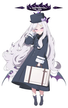 Rule 34 | absurdres, adjusting hair, alternate costume, black boots, black coat, black halo, black scarf, blue archive, blush, boots, coat, demon girl, demon horns, demon wings, forehead, full body, halo, hat, highres, hina (blue archive), horns, multicolored halo, parted bangs, purple eyes, rolling suitcase, scarf, standing, suitcase, tanghulu (bbbb1123112), two-tone halo, wavy hair, white background, white hair, wings, winter clothes, winter coat