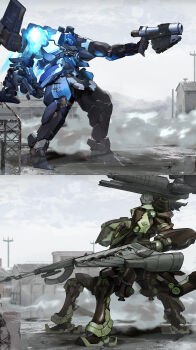 absurdres armored_core armored_core_vi:_fires_of_rubicon assault_rifle barren_flower_(armored_core_vi) building clenched_hand cloud cloudy_sky commentary_request dust_cloud energy_cannon extra_eyes from_side full_body grey_sky gun handgun highres holding_cannon mecha missile_pod mountainous_horizon no_humans refus rifle robot rubble scaffolding shoulder_cannon sky sparks steel_haze_ortus thrusters utility_pole walker_(robot) weapon