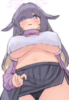 1girl animal_ears black_panties blonde_hair blue_archive blush breasts cardigan clothes_lift colored_inner_hair floppy_ears from_below hair_over_one_eye halo large_breasts long_hair multicolored_hair navel no_bra open_cardigan open_clothes open_mouth panties panty_peek purple_cardigan purple_eyes purple_hair purple_skirt rabbit_ears shirt_overhang skirt skirt_lift solo standing teruriu tsukuyo_(blue_archive) underboob underwear white_background