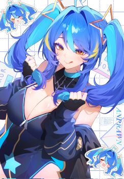 1girl :q ahoge andrawn_(vtuber) artist_name black_gloves black_leotard blonde_hair blue_hair blush_stickers breasts character_name cleavage closed_eyes commission corrupted_twitter_file fingerless_gloves gloves grabbing_own_hair hair_ornament heart heart_ahoge highres holding holding_own_hair indie_virtual_youtuber leotard multicolored_hair one_eye_closed skeb_commission star_(symbol) star_hair_ornament streaked_hair tongue tongue_out twintails twitter_username virtual_youtuber weiic yellow_eyes