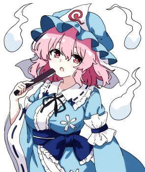 1girl absurdres blue_hat blue_kimono blue_ribbon blush breasts center_frills commentary folded_fan folding_fan frilled_kimono frills hand_fan hat highres hitodama holding holding_fan japanese_clothes kimono long_sleeves looking_at_viewer mob_cap neck_ribbon open_mouth petal_print pink_eyes pink_hair pioartstuff print_kimono ribbon ribbon-trimmed_collar ribbon_trim saigyouji_yuyuko sleeve_garter solo touhou transparent_background triangular_headpiece wide_sleeves
