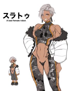 1girl abs android breasts camouflage covered_pussy crotchless crotchless_pants cyberpunk dark-skinned_female dark_skin delinquent digital_camouflage earrings grey_hair grin jacket jewelry looking_at_viewer navel original pants red_eyes rob_110101101 short_hair sideboob simple_background smile solo tan white_background white_jacket