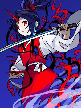 Rule 34 | 1other, black hair, bow, commentary request, cup, eyelashes, hair bow, highly responsive to prayers, highres, holding, holding cup, holding sword, holding weapon, horns, japanese clothes, kaigen 1025, katana, kimono, looking at viewer, medium hair, ponytail, red bow, red eyes, red horns, red kimono, sakazuki, short ponytail, simple background, single horn, solo, sword, touhou, touhou (pc-98), waist bow, weapon, white sleeves