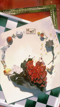 1girl absurdres artist_name beatrice_(umineko) blue_eyes book braid bug bun_with_braided_base butterfly checkered_floor commentary_request cup dress envelope flower full_body glass_bottle gun hair_bun hair_flower hair_ornament highres if_happiness_is_a_circle_(meme) insect key kiseru lying meme on_side picture_frame red_flower shadow smoking_pipe solo toto_(caaaaarrot) umineko_no_naku_koro_ni weapon yellow_flower