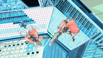 Rule 34 | 1boy, 1girl, black hair, brown hair, gloves, helmet, highres, jacket, long sleeves, orange jacket, original, parted lips, reaching, short hair, space helmet, tanaka hirotaka, wide shot