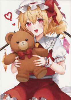 Rule 34 | 1girl, :d, absurdres, ascot, blonde hair, bow, fang, flandre scarlet, frilled shirt collar, frills, hair bow, hat, highres, holding, holding stuffed toy, long hair, mob cap, open mouth, pointy ears, puffy short sleeves, puffy sleeves, red bow, red eyes, red skirt, red vest, scan, shirt, short sleeves, simple background, skirt, smile, solo, stuffed animal, stuffed toy, teddy bear, third-party source, touhou, usushio, vest, white background, white hat, white shirt, wings, wrist cuffs, yellow ascot