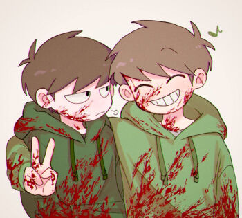 Rule 34 | 2boys, ^ ^, antenna hair, arm around shoulder, black eyes, blood, blood on clothes, blood on face, blood splatter, brown hair, closed eyes, commentary request, drawstring, dual persona, edd (eddsworld), eddsworld, frown, green hoodie, grin, hair behind ear, hood, hood down, hoodie, jitome, long sleeves, male focus, mau (edd tom), multiple boys, musical note, prototype design, short hair, simple background, smile, swept bangs, upper body, v, white background
