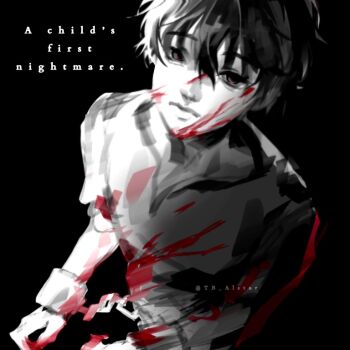 1boy black_eyes black_hair blood blood_splatter bound bound_wrists chain cuffs english_text expressionless from_above looking_at_viewer male_focus partially_colored shackles shadow_slave shirt short_hair solo star_lantern sunny_(shadow_slave) torn_clothes torn_shirt