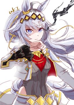 Rule 34 | 1girl, ahoge, animal ears, blue eyes, brooch, closed mouth, clothing cutout, commentary request, cropped jacket, eye trail, frilled sleeves, frills, grey hair, grey leotard, grey shorts, hair between eyes, hair ornament, hair ribbon, hairband, highres, hip vent, horse ears, horse girl, horse tail, jacket, jewelry, leotard, light trail, long hair, long sleeves, looking at viewer, neckerchief, neru ika, official alternate costume, oguri cap (cinderella gray) (umamusume), oguri cap (umamusume), ponytail, red neckerchief, ribbon, shorts, simple background, solo, star brooch, tail, umamusume, umamusume: cinderella gray, upper body, white background, white jacket, white shorts