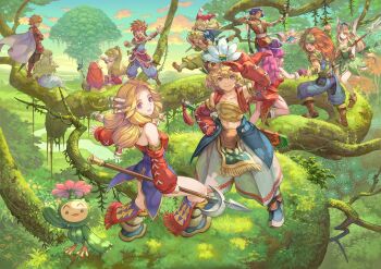 1other 6+boys 6+girls angela_(seiken_densetsu_3) blonde_hair blue_sky branch brown_hair charlotte_(seiken_densetsu_3) duran_(seiken_densetsu_3) faerie_(seiken_densetsu_3) haccan hawkeye_(seiken_densetsu_3) hero_(sd1) heroine_(seiken_densetsu_1) highres imu_(lom) kevin_(seiken_densetsu_3) legend_of_mana looking_at_viewer mana_tree multiple_boys multiple_girls official_art popoi_(seiken_densetsu_2) primm_(seiken_densetsu_2) purple_hair randi_(seiken_densetsu_2) riesz seiken_densetsu seiken_densetsu_1 seiken_densetsu_2 seiken_densetsu_3 sky smile square_enix staff sword toto_(lom) tree waving weapon