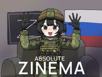 1girl absolute_cinema_(meme) ammunition_pouch armchair belt black_eyes black_gloves black_hair bulletproof_vest camouflage camouflage_jacket chair chin_strap combat_helmet emr_camouflage flag_patch gloves hands_up helmet highres jacket jephy_0 load_bearing_vest magazine_(weapon) military_combat_uniform military_uniform mole mole_under_eye original patch pouch ribbon_of_saint_george russian_flag russian_ground_forces shoulder_patch side_ponytail sitting solo thighhighs z_(russian_symbol)