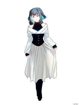 Rule 34 | 1girl, bare shoulders, black hair, blue hair, breasts, colored inner hair, commentary, dantonphanton, eyeliner, fate/grand order, fate (series), full body, grey eyes, highres, long sleeves, looking at viewer, makeup, multicolored hair, off shoulder, sidelocks, solo, tenochtitlan (fate)