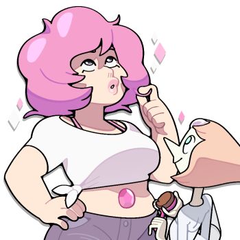 bra_strap breasts cropped_shirt discount-supervillain gem_(steven_universe) hair_brush lips medium_breasts midriff pearl_(species)_(steven_universe) pearl_(steven_universe) pink_diamond_(steven_universe) plump rose_quartz_(species)_(steven_universe) rose_quartz_universe self_cosplay shirt short_hair smile steven_universe stomach_jewel white_shirt