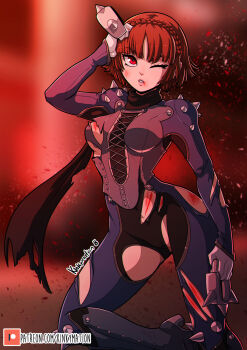 artist_name bleeding blood blood_splatter bodysuit boots braid breasts brown_hair cameltoe cross-laced_clothes crown_braid cuts hand_on_own_head high_heels highres holding holding_weapon injury kinkymation knee_boots long_sleeves looking_up medium_breasts niijima_makoto one_eye_closed parted_lips partially_visible_vulva patreon_logo patreon_username persona persona_5 queen_(persona_5) red_eyes rivets scarf scrape short_hair shoulder_spikes spiked_knuckles spikes torn_bodysuit torn_clothes torn_scarf weapon