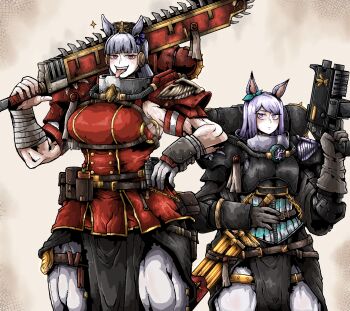 2girls absurdres adepta_sororitas animal_ears armor belt biceps bolter bow chainsword ear_ribbon explosive full_armor gloves gold_ship_(red_strife)_(umamusume) gold_ship_(umamusume) grenade highres holding holding_sword holding_weapon horse_ears horse_girl looking_at_viewer mejiro_mcqueen_(umamusume) multiple_girls muscular muscular_female octosoup power_armor purple_eyes purple_hair red_eyes sparkle sword tongue tongue_out umamusume warhammer_40k weapon white_hair