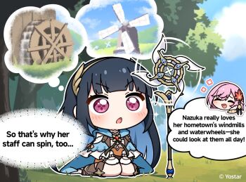 2girls black_hair blue_cape blue_hair blunt_bangs blush boots brown_boots cape chestnut_mouth chibi chibi_inset chibi_only colored_inner_hair commentary copyright_notice dress english_commentary english_text extra_pupils full_body hair_ornament hand_on_own_cheek hand_on_own_face highres kaede_(stella_sora) leaf leaf_hair_ornament maple_leaf maple_leaf_hair_ornament motion_lines multicolored_hair multiple_girls nazuka_(stella_sora) official_art orange_dress outdoors pink_eyes pink_hair pinwheel planted_staff sitting solo_focus speech_bubble speed_lines staff stella_sora v-shaped_eyebrows wariza water_wheel windmill