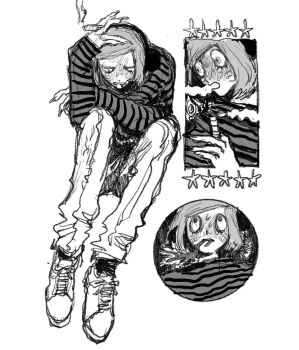 1boy animal_ears blush cigar commentary_request denpa_shougai drugs facial_mark fake_animal_ears fingernails full-face_blush greyscale highres holding holding_cigar knees_up male_focus marijuana monochrome multiple_views nyon_(randal's_friends) randal's_friends sharp_fingernails shirt shoes short_hair simple_background sitting sleeves_past_wrists smoking sneakers star_(symbol) stoned striped_clothes striped_shirt vomit whisker_markings white_background